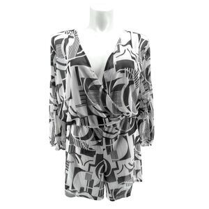 Ashley Stewart White Black Geo Swirl V-Neck Split Back Romper 30 NWT Long Sleeve
